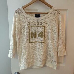 Stussy women’s SS02 No4 gold logo lace knit top size small